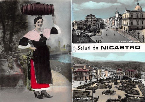 Cartolina Nicastro vedute costumi tradizionali Corso Numistrano 1960 (Catanzaro)