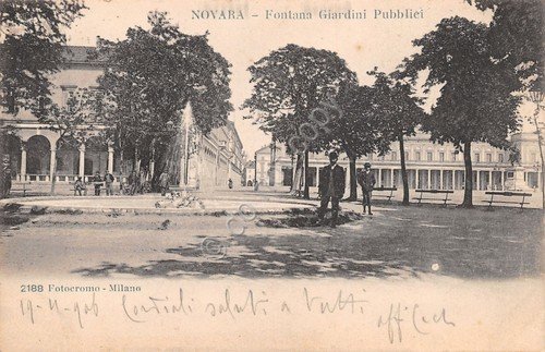 Cartolina Novara Fontana Giardini Pubblici animata 1906