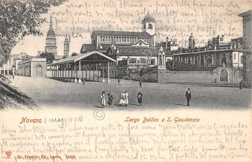 Cartolina Novara Largo Bellini San Gaudenzio animata 1903