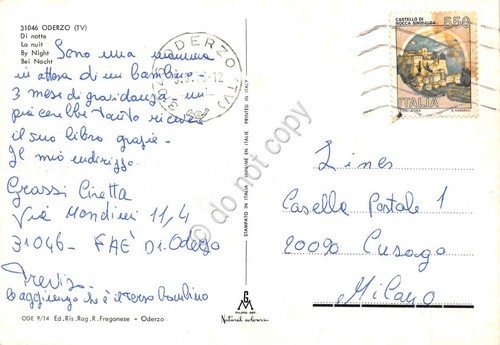 Cartolina Oderzo via del paese Notturno Auto d'epoca 1988 grinze | Immagine Gallery 2