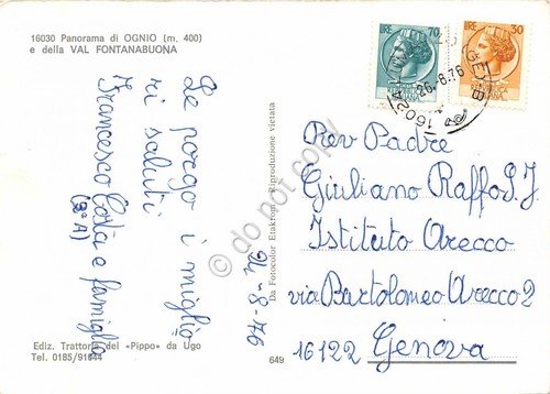 Cartolina Ognio Val Fontanabuona panorama 1976