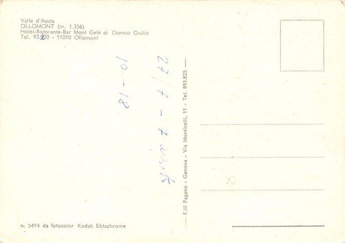 Cartolina Ollomont Hotel Ristorante Mont Gelè