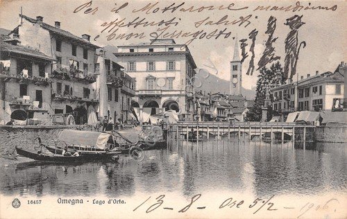 Cartolina Omegna il lago animata barche bucato steso 1906 | Immagine principale