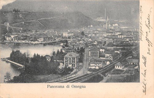 Cartolina Omegna panorama dall'alto ferrovia 1904