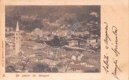Cartolina Omegna un saluto da panorama dall'alto 1900 circa