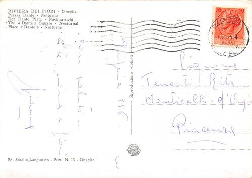 Cartolina Oneglia Piazza Dante notturno auto d'epoca 1956