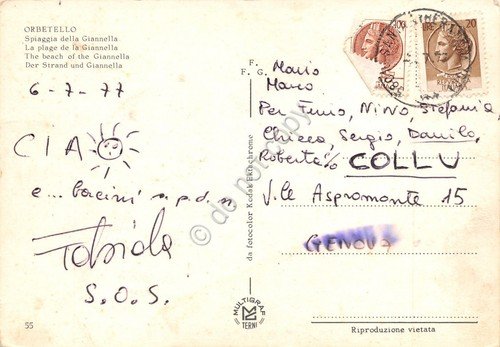 Cartolina Orbetello Spiaggia della Giannella 1977 segni (Grosseto) | Immagine Gallery 2