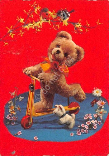 Cartolina orso di peluche su monopattino base velluto timbro salone … | Immagine principale