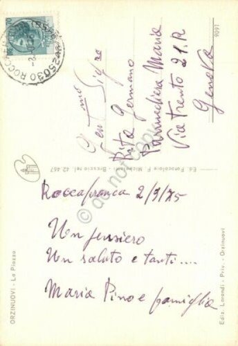 Cartolina Orzinuovi la Piazza tabacchi auto d'epoca 1975