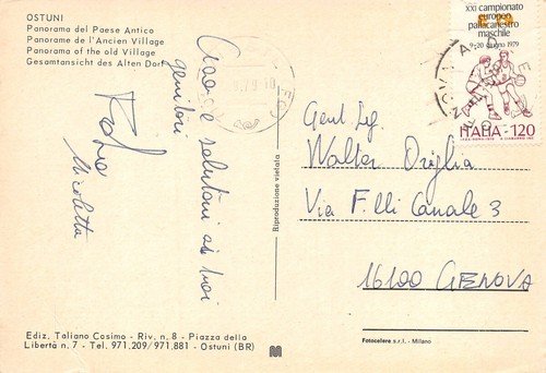 Cartolina Ostuni Panorama del paese antico 1979 grinze (Brindisi)