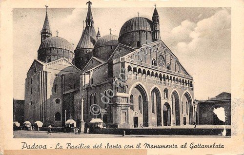 Cartolina Padova Basilica con Monumento a Gattamelata etichetta rispedire a | Immagine principale