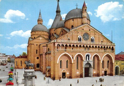 Cartolina Padova Basilica del Santo animata bus mercato | Immagine principale