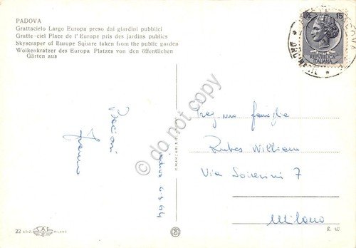 Cartolina Padova Grattacielo Largo Europa dai giardini pubblici 1964