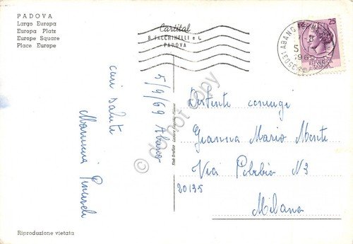 Cartolina Padova Largo Europa Notturno Banco di Roma 1969