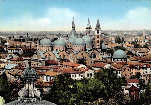 Cartolina Padova panorama dei tetti colorata