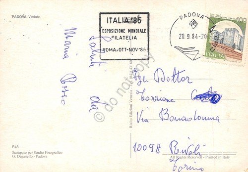 Cartolina Padova vedute Timbro quadrato Italia ''85 Filatelia 1984