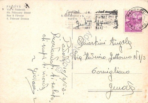 Cartolina Padova Via 8 Febbraio 1962 animata auto