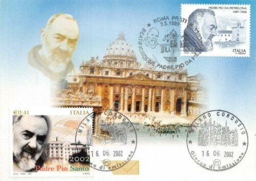 Cartolina Padre Pio Beatificazione timbro filatelico 2002
