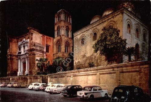 Cartolina Palermo Chiesa della Martorana Notturno auto d'epoca