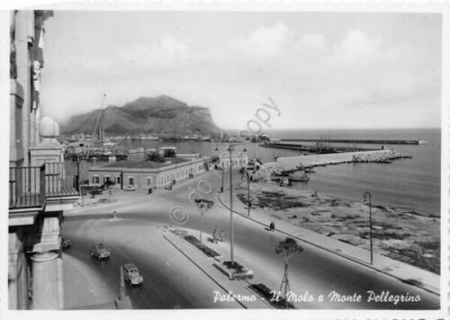 Cartolina Palermo molo auto animata Monte Pellegrino 1959