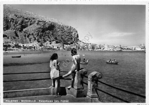 Cartolina Palermo Mondello panorama del paese animata1951