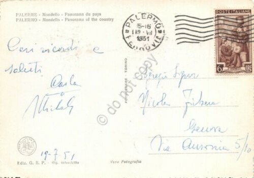 Cartolina Palermo Mondello panorama del paese animata1951