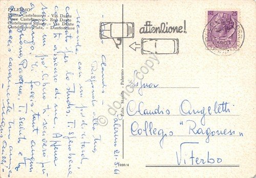 Cartolina Palermo Piazza Castelnuovo Via Dante 1961 timbro stradale macchia