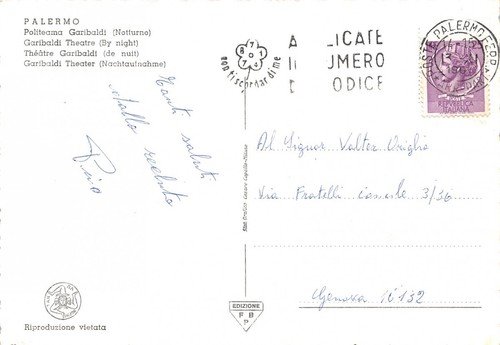 Cartolina Palermo Politeama Garibaldi Notturno auto d'epoca