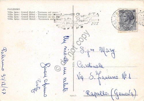Cartolina Palermo Villa Igea Grand Hotel 1957