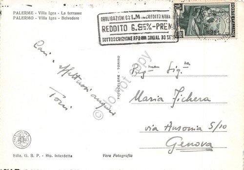 Cartolina Palermo Villa Igea Terrazza Timbro Obbligazioni 1951 | Immagine Gallery 2
