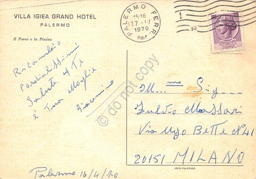 Cartolina Palermo Villa Igiea Grand Hotel parco e piscina 1970