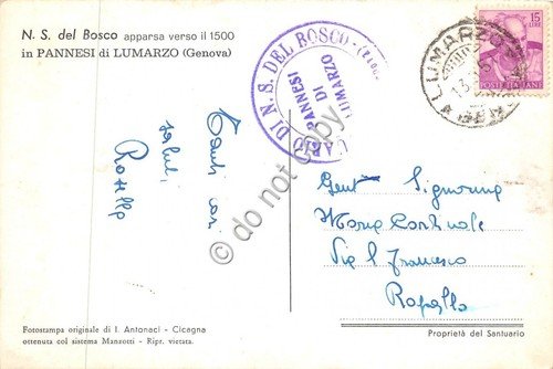 Cartolina Pannesi di Lumarzo Santuario N.S. del Bosco interno 1951