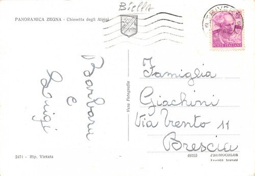 Cartolina Panoramica Zegna Chiesetta degli Alpini auto d'epoca 1962 (Biella)