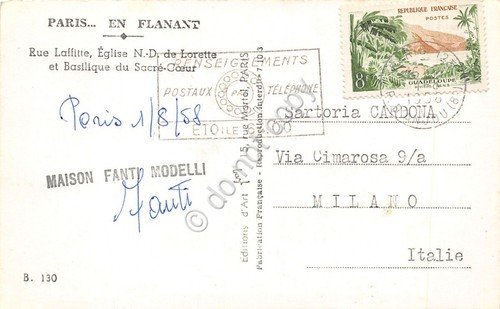 Cartolina Paris en flanant Rue Laffitte Maison Fanti Modelli 1958