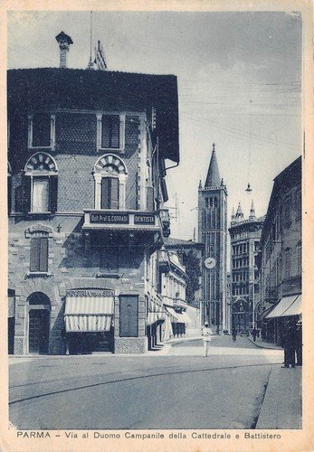 Cartolina Parma Via del Duomo Campanile Vigile in bianco | Immagine principale