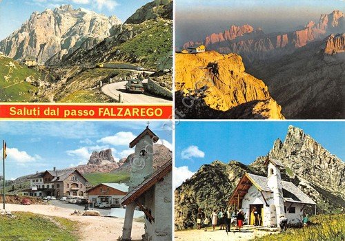 Cartolina Passo del Falzarego vedute varie paese uscita chiesa
