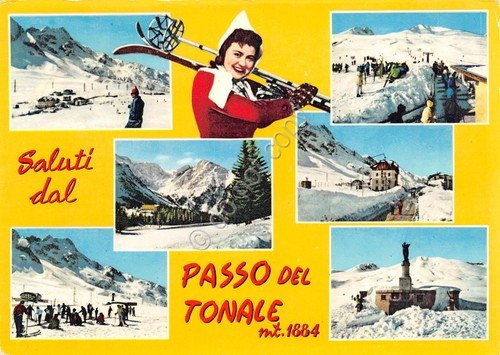 Cartolina Passo del Tonale grafica vedute varie timbro 1963 | Immagine principale