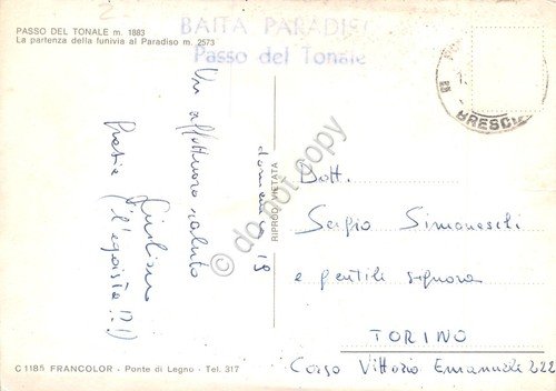 Cartolina Passo del Tonale Partenza funivia Paradiso Timbro anni '70 | Immagine Gallery 2