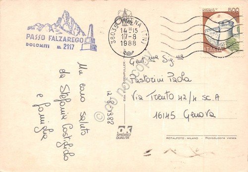 Cartolina Passo Falzarego vedute varie Timbro Passo Falzarego 1988 (Trento)