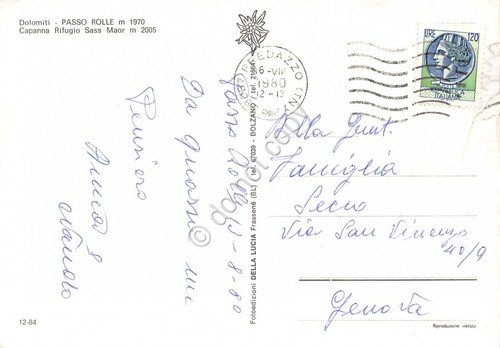 Cartolina Passo Rolle Capanna Rifugio Sass Maor skilift 1980