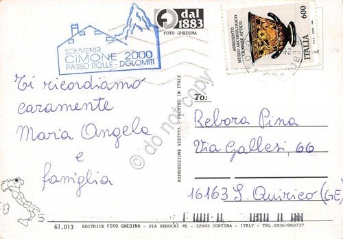 Cartolina Passo Rolle vedute sci sciatori Timbro Cimone (Trento)