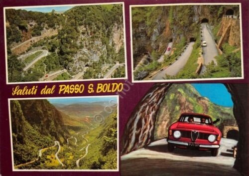 Cartolina Passo San Boldo vedute varie auto d'epoca | Immagine principale
