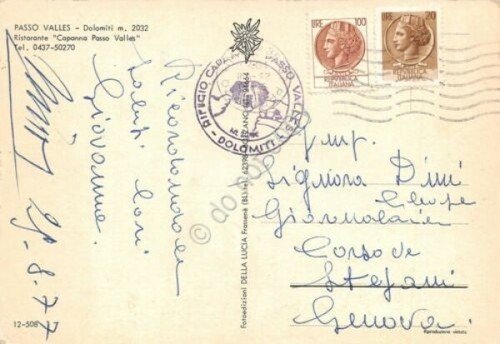 Cartolina Passo Valles Ristorante Capanna Passo Valles timbro rifugio 1977