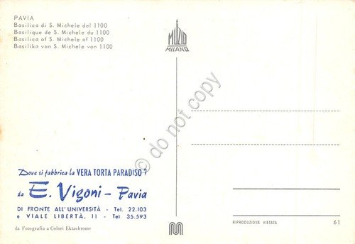 Cartolina Pavia Basilica S. Michele Pubblicità Vigoni Pasticceria