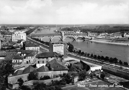 Cartolina Pavia Ponte coperto sul Ticino e panorama