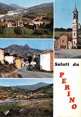 Cartolina Perino vedute varie paese strada case chiesa Timbro PT … | Immagine principale