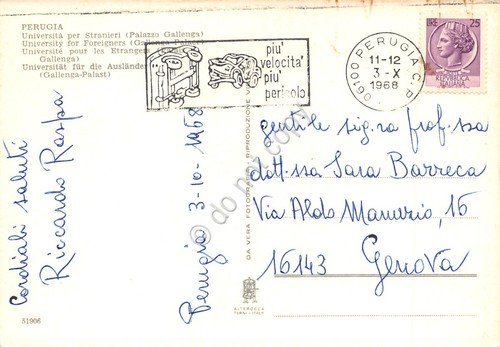 Cartolina Perugia Università per Stranieri 1968 Timbro PT