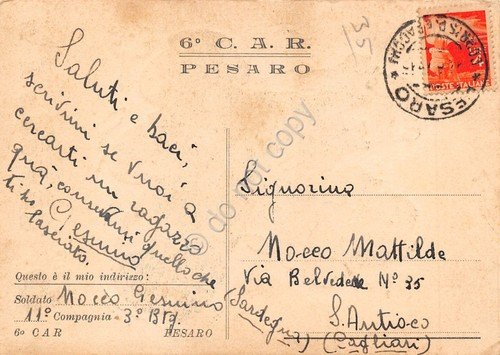 Cartolina Pesaro 6° C.A.R. spedita a Cagliari da soldato 11° …