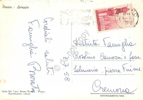 Cartolina Pesaro Spiaggia da terrazza 1958 piega segni | Immagine Gallery 2