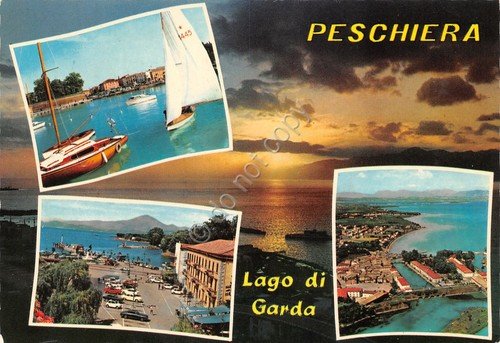 Cartolina Peschiera Lago di Garda vedute varie e tramonto (Verona)